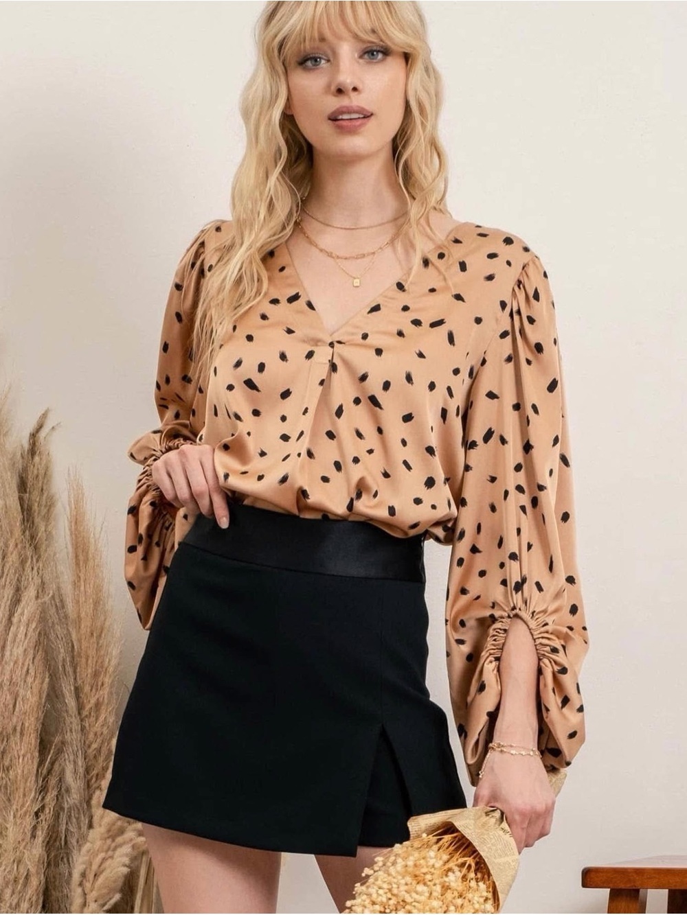V-Neck Polka Dot Blouse in Camel
